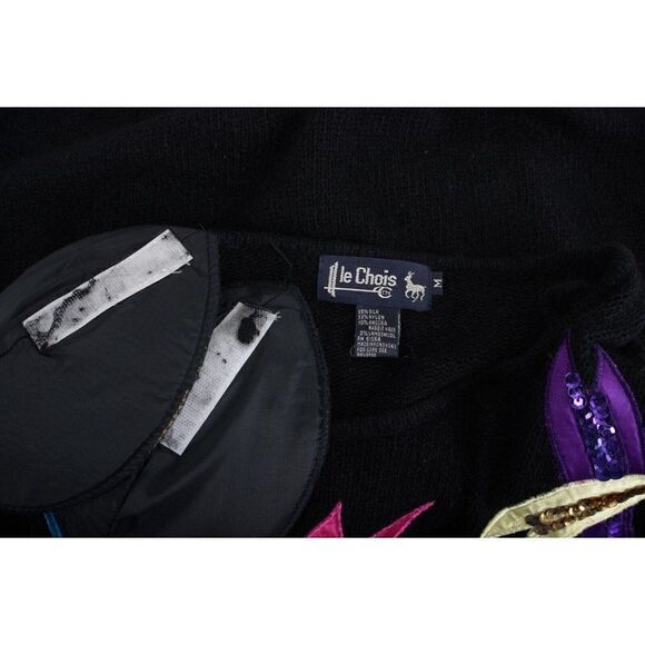 Le Chois Vintage Womens 80s Ribbon Sequin Sweater M Black Pullover Silk Angora - Picture 6 of 6